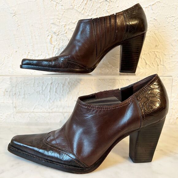 Antonio Melani Brown Embossed Leather Western Ankle Booties Women’s 6 Square Toe - Picture 3 of 9